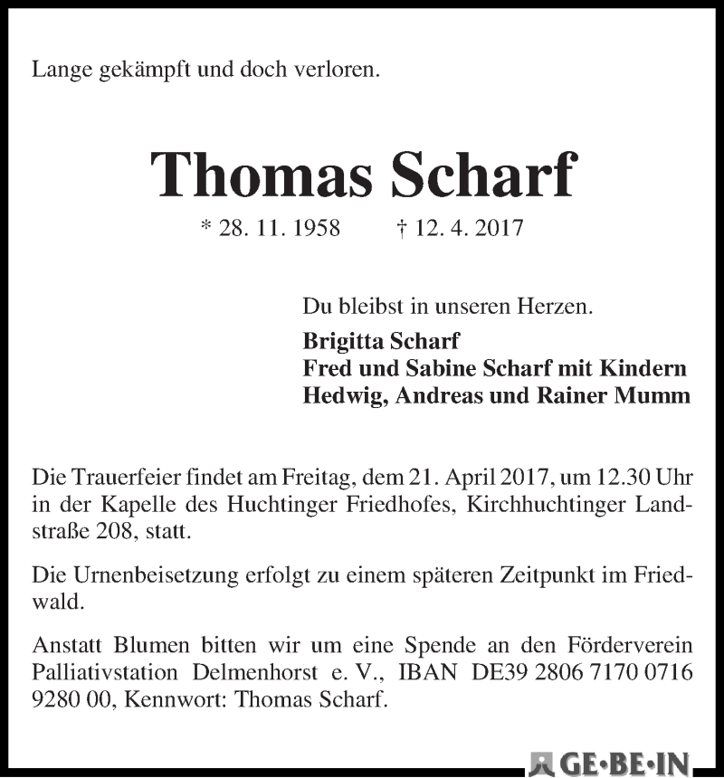  Traueranzeige für Thomas Scharf vom 15.04.2017 aus Die Norddeutsche
