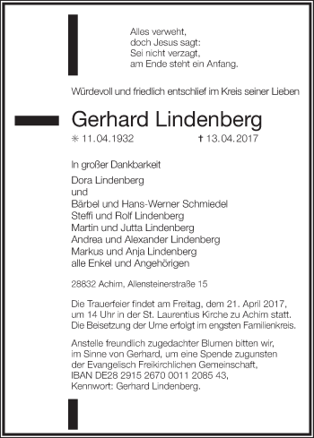 Traueranzeige von Gerhard Lindenberg
