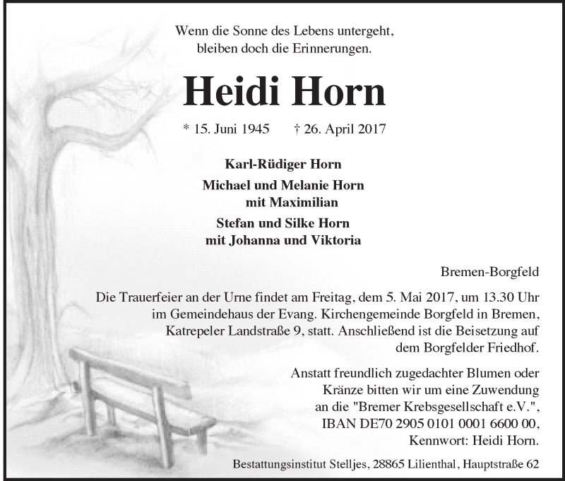  Traueranzeige für Heidi Horn vom 28.04.2017 aus Wuemme Zeitung