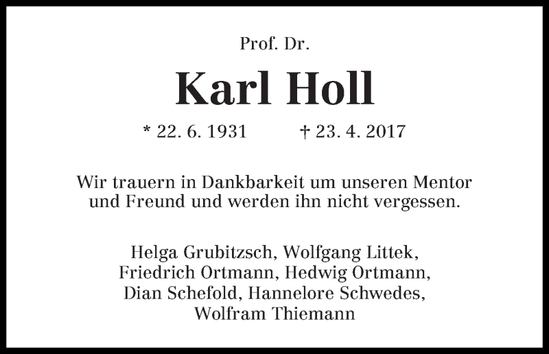 Traueranzeige von Karl Holl von WESER-KURIER