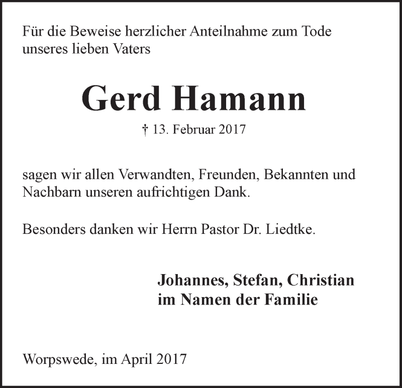Traueranzeige von Gerd Hamann von Wuemme Zeitung