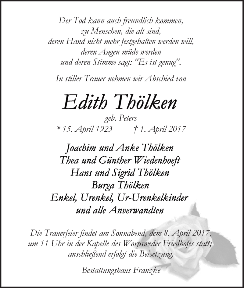 Traueranzeige von Edith Thölken von Wuemme Zeitung