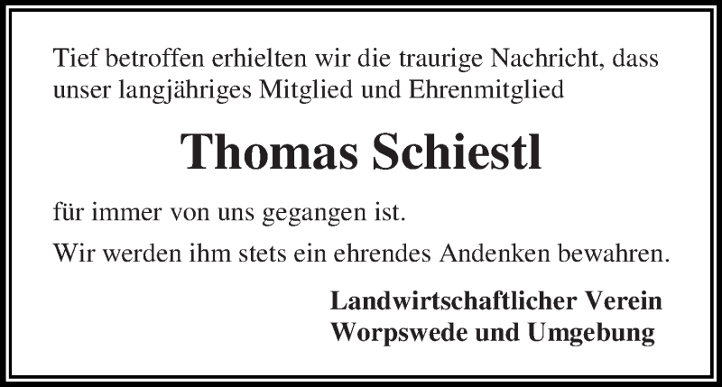  Traueranzeige für Thomas Schiestl vom 27.04.2017 aus Wuemme Zeitung