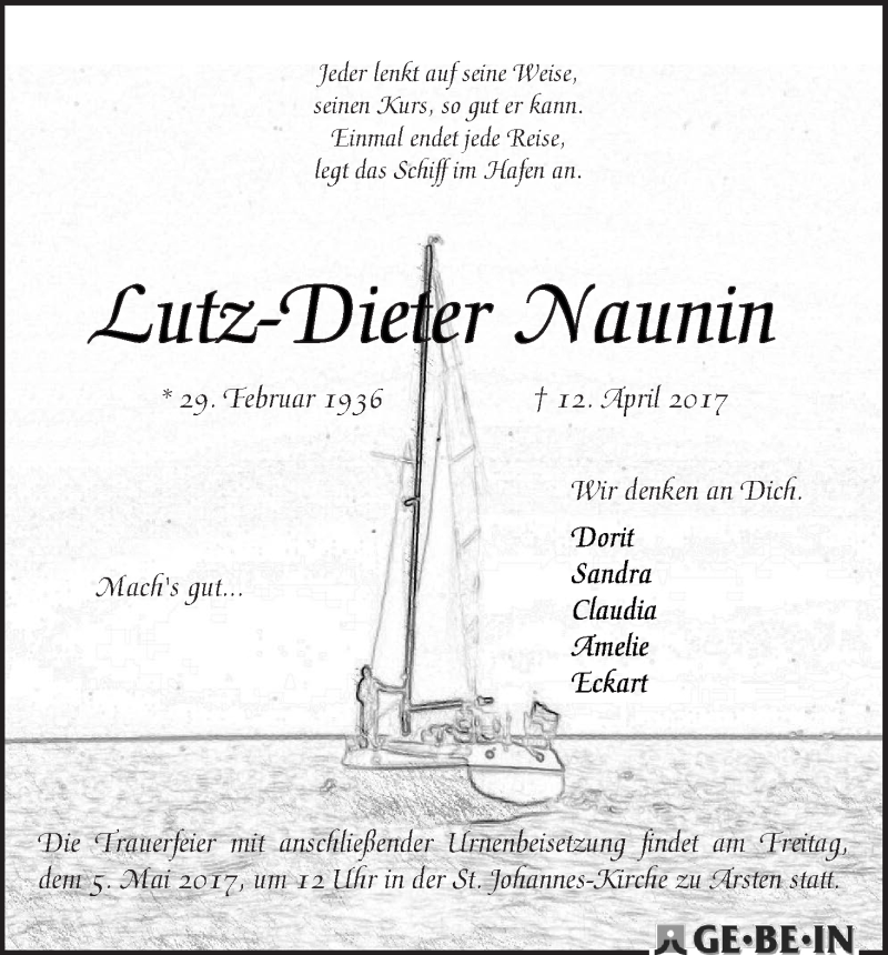 Traueranzeige von Lutz-Dieter Naunin von WESER-KURIER