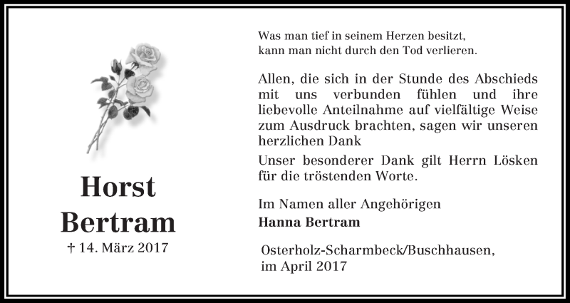 Traueranzeige von Horst Bertram von Osterholzer Kreisblatt