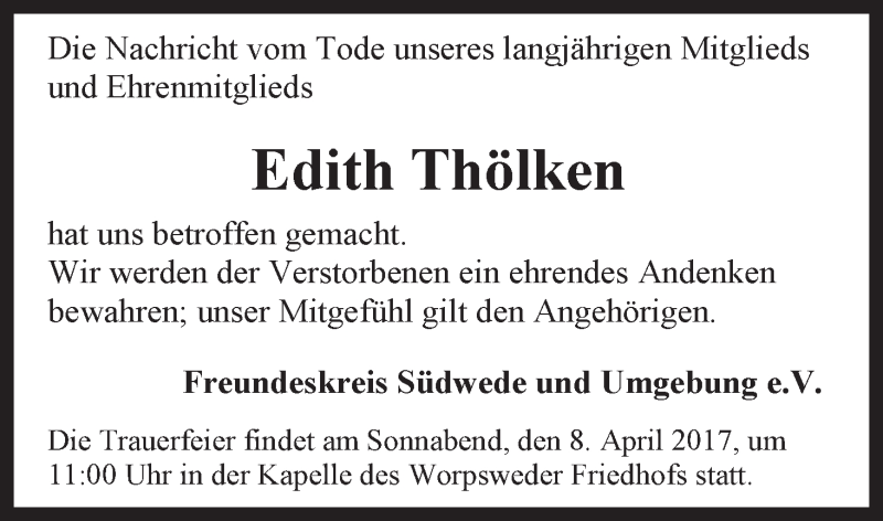 Traueranzeige von Edith Thölken von Wuemme Zeitung