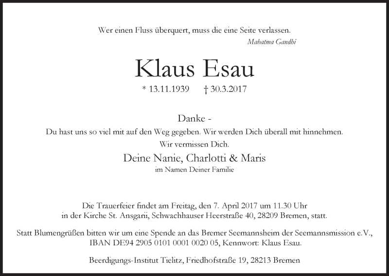 Traueranzeige von Klaus Esau von WESER-KURIER