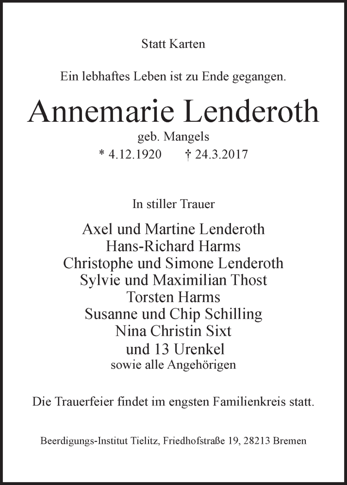 Traueranzeige von Annemarie Lenderoth von WESER-KURIER