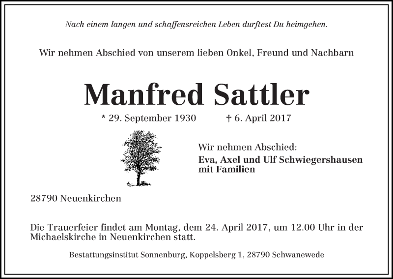 Traueranzeige von Manfred Sattler von Die Norddeutsche