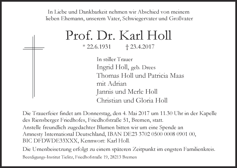 Traueranzeige von Karl Holl von WESER-KURIER