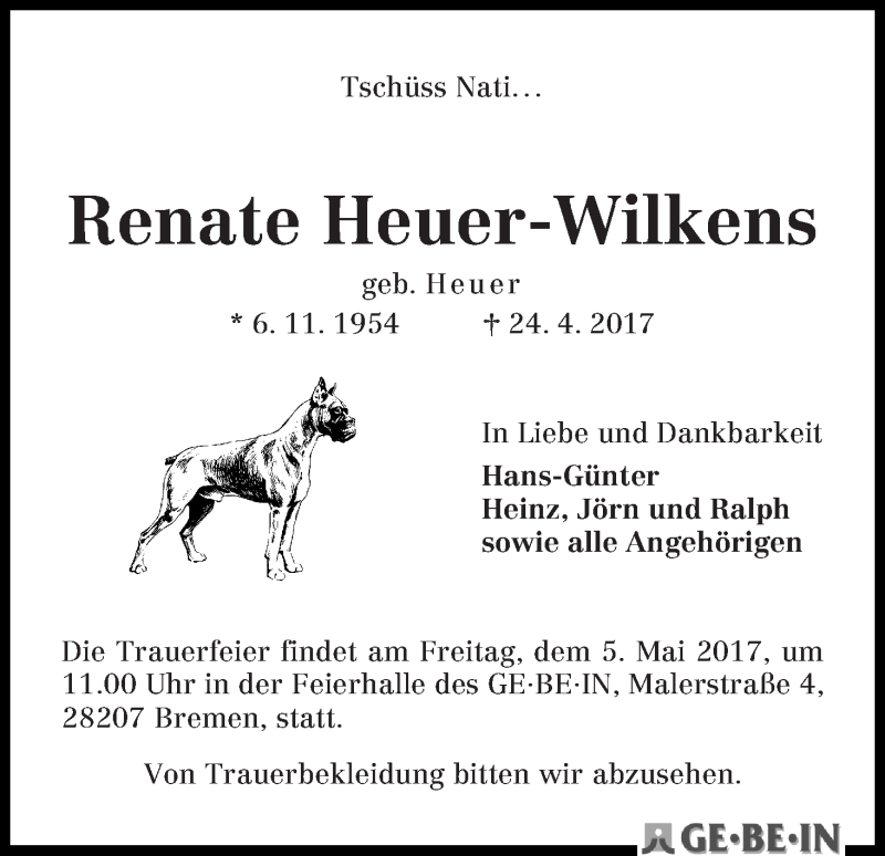 Traueranzeige von Renate Heuer-Wilkens von WESER-KURIER