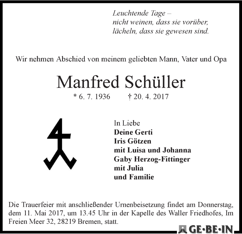 Traueranzeige von Manfred Schüller von WESER-KURIER