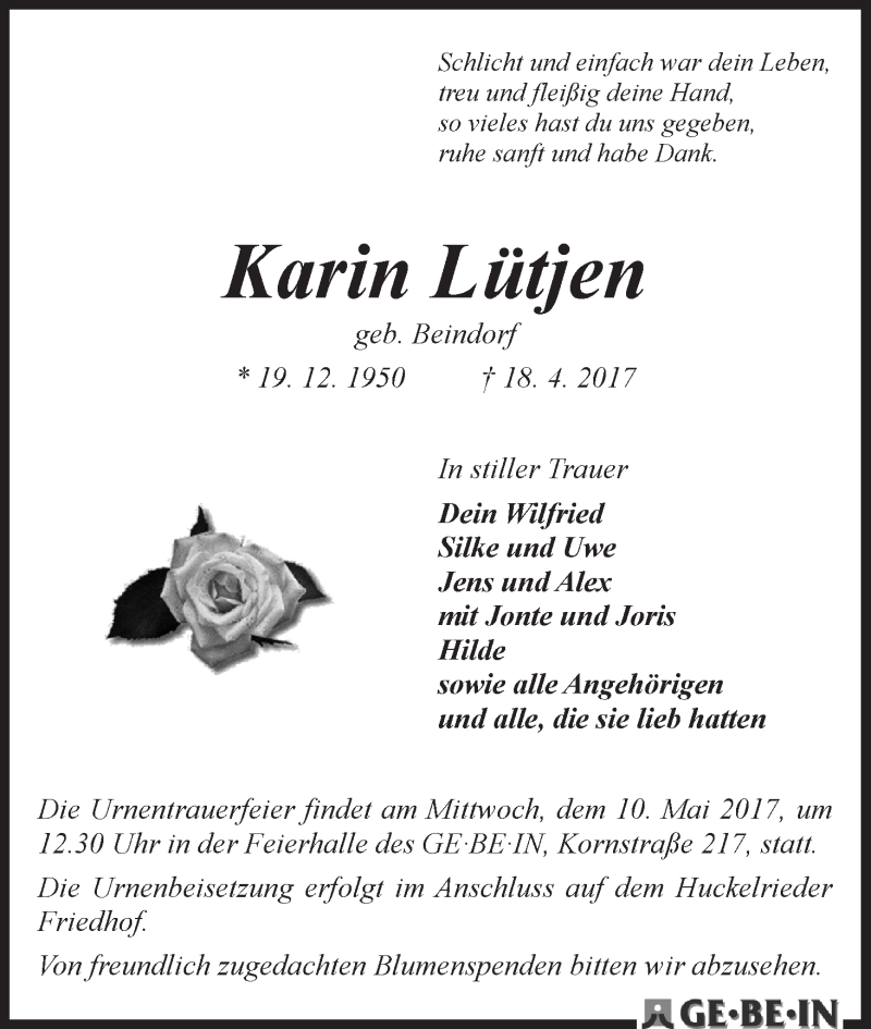 Traueranzeige von Karin Lütjen von WESER-KURIER