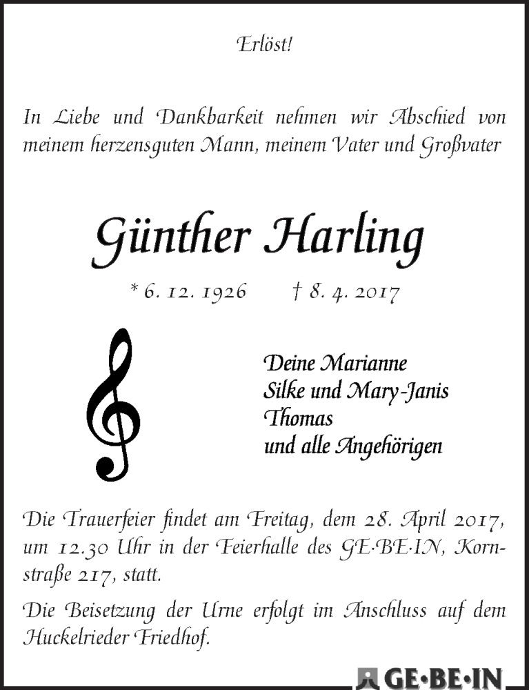 Traueranzeige von Günther Harling von WESER-KURIER