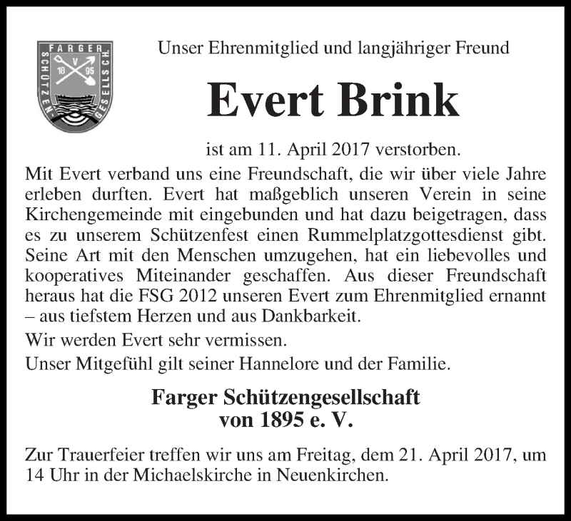  Traueranzeige für Evert Brink vom 15.04.2017 aus Die Norddeutsche