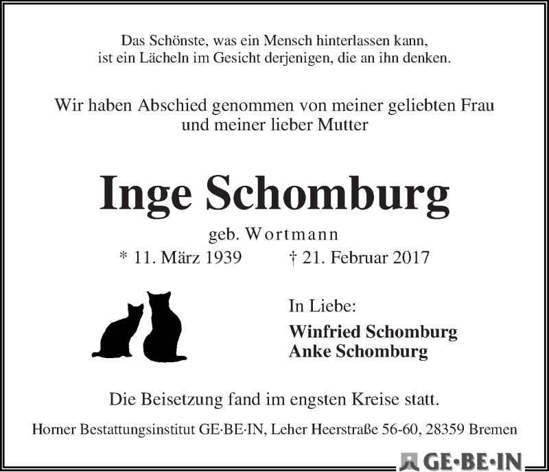Traueranzeige von Inge Schomburg von WESER-KURIER