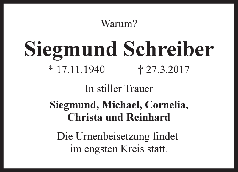 Traueranzeige von Siegmund Schreiber von WESER-KURIER
