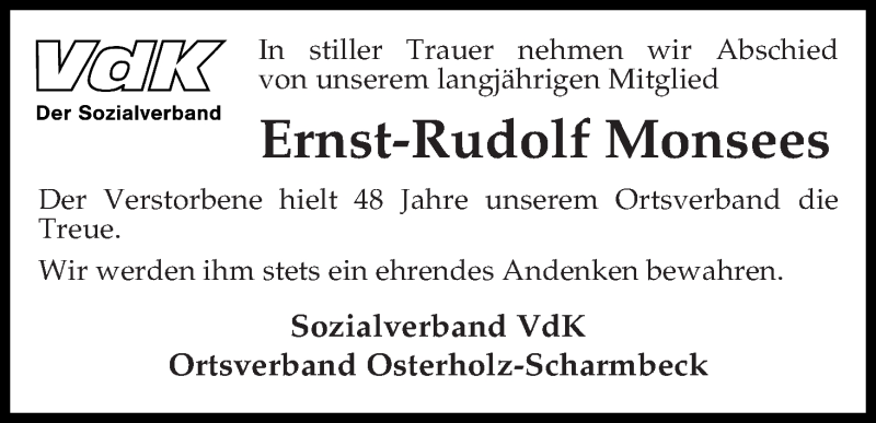Traueranzeige von Ernst-Rudolf Monsees von Osterholzer Kreisblatt