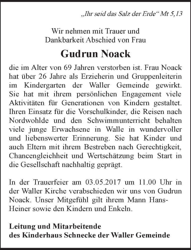  Traueranzeige für Gudrun Noack vom 27.04.2017 aus WESER-KURIER