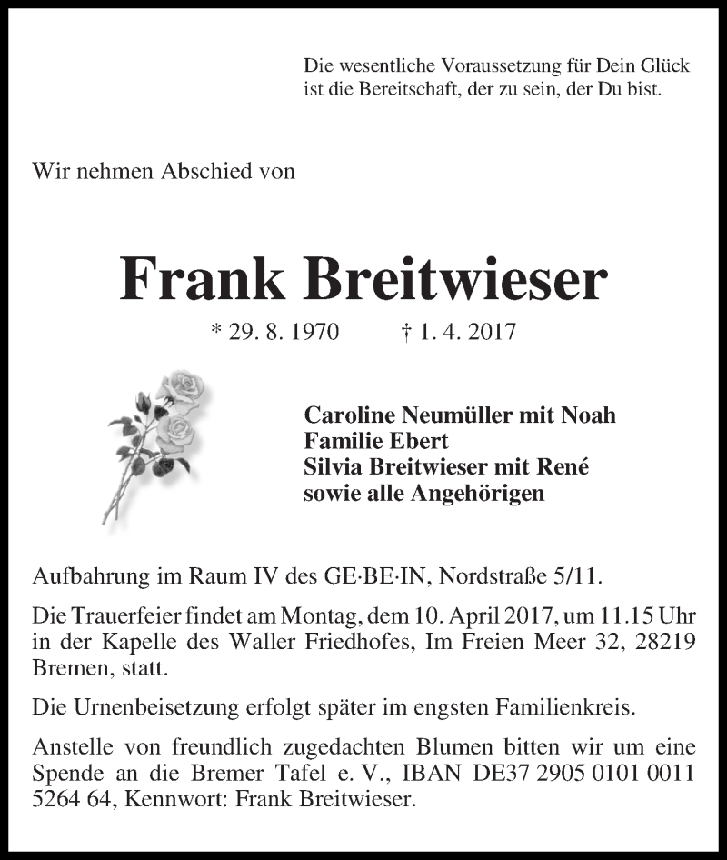  Traueranzeige für Frank Breitwieser vom 06.04.2017 aus WESER-KURIER