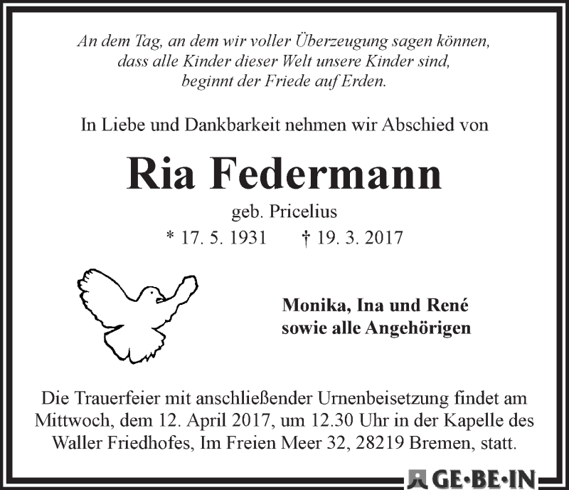 Traueranzeige von Ria Federmann von WESER-KURIER