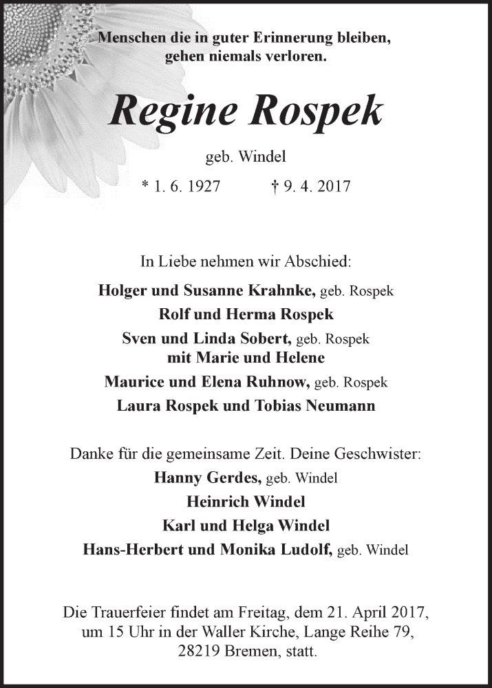 Traueranzeige von Regine Rospek von WESER-KURIER