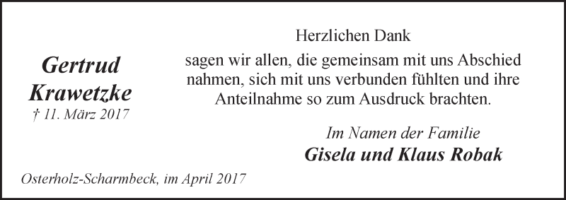 Traueranzeige von Gertrud Krawetzke von Osterholzer Kreisblatt