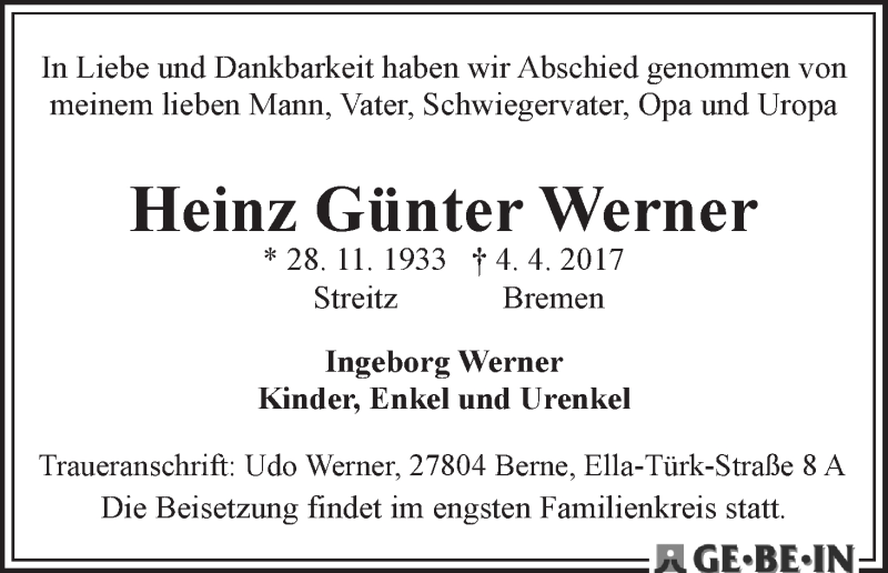Traueranzeige von Heinz Günter Werner von WESER-KURIER