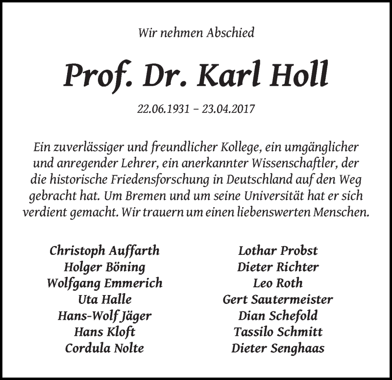 Traueranzeige von Karl Holl von WESER-KURIER