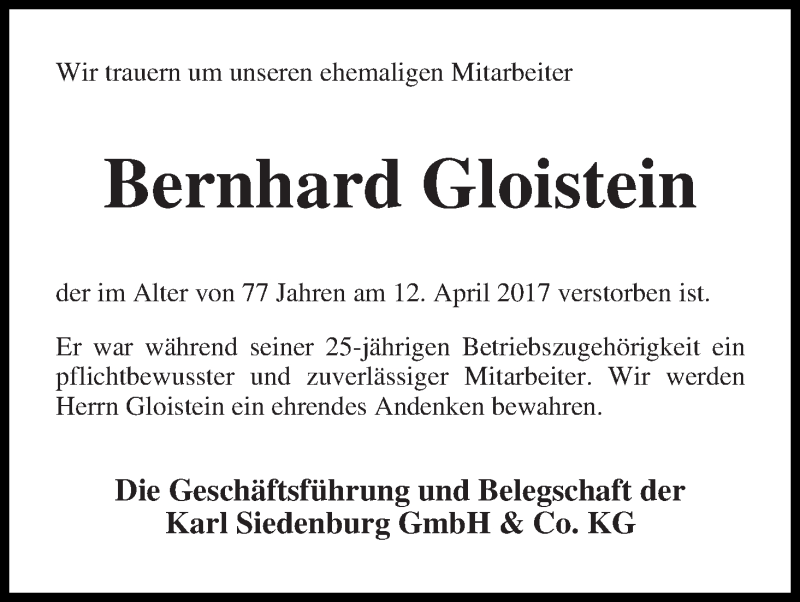 Traueranzeige von Bernhard Gloistein von Die Norddeutsche