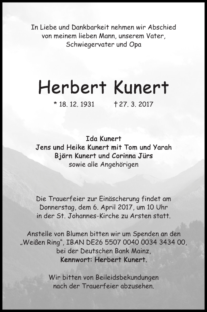 Traueranzeige von Herbert Kunert von WESER-KURIER