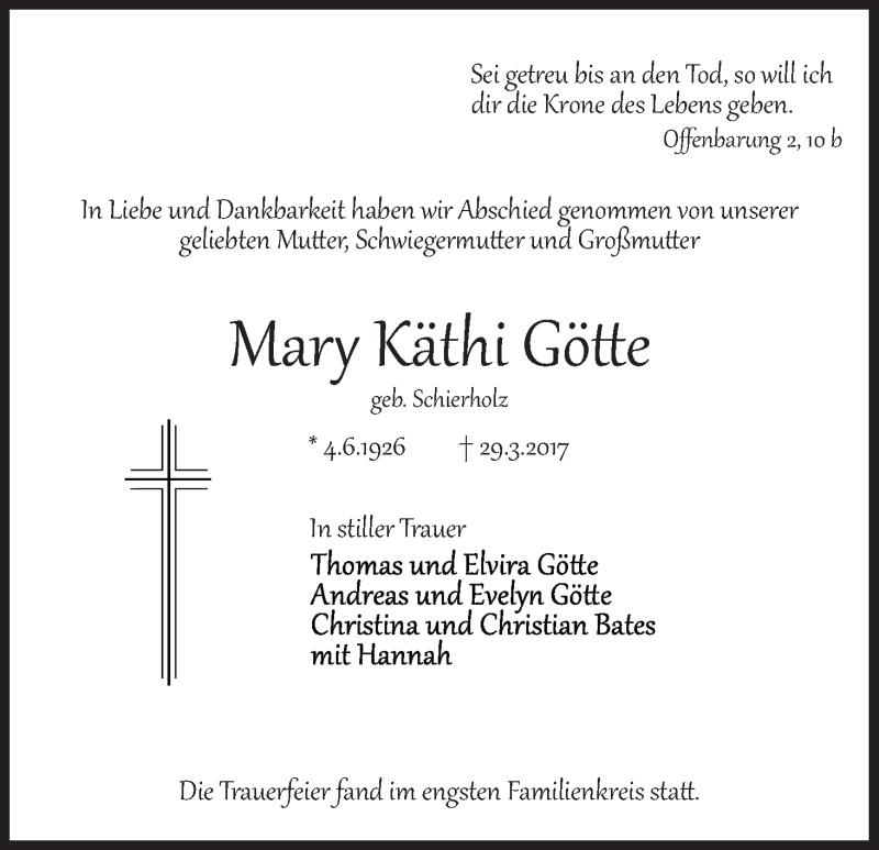 Traueranzeige von Mary Käthi Götte von WESER-KURIER