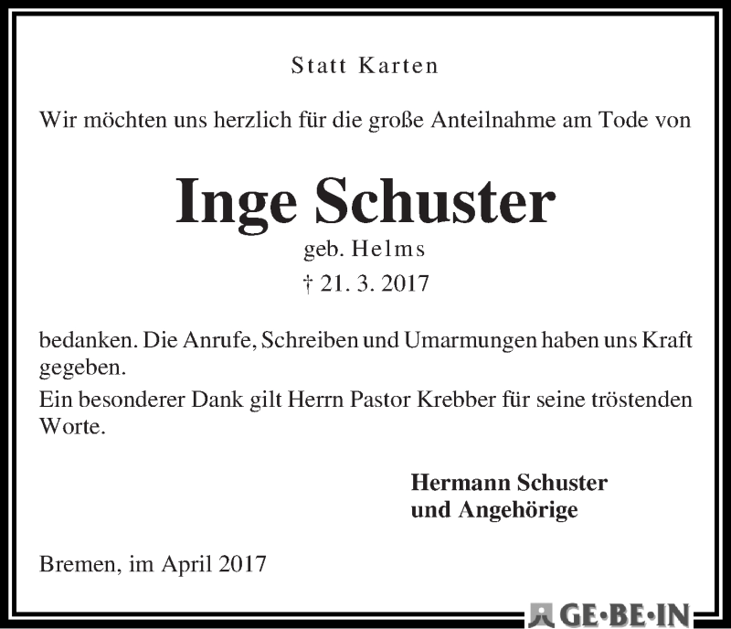 Traueranzeige von Inge Schuster von WESER-KURIER