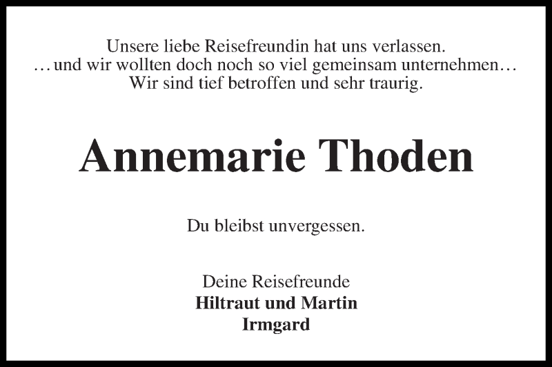 Traueranzeige von Annemarie Thoden von Wuemme Zeitung