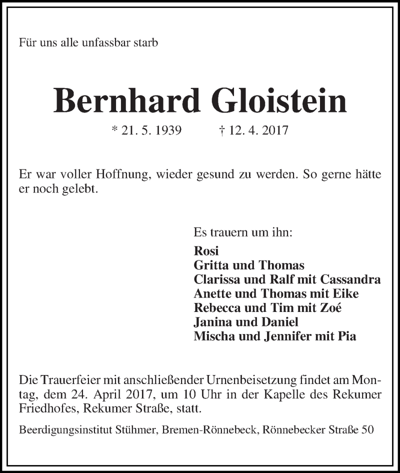 Traueranzeige von Bernhard Gloistein von WESER-KURIER