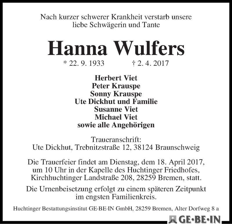 Traueranzeige von Hanna Wulfers von WESER-KURIER