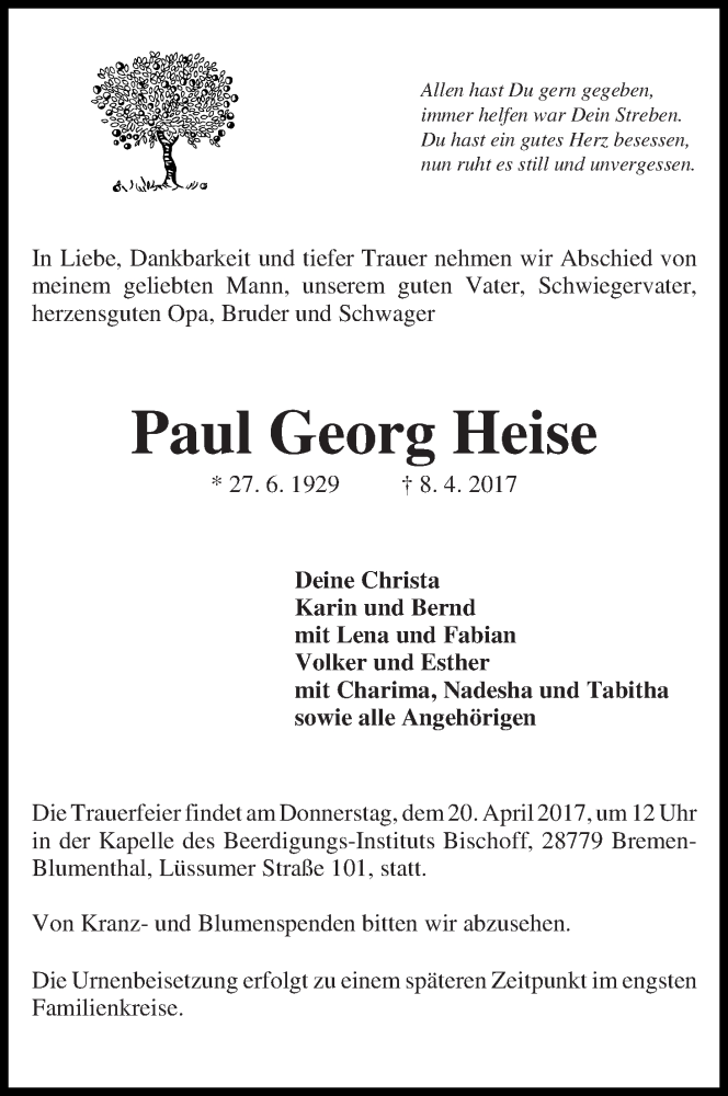 Traueranzeige von Paul Georg Heise von Die Norddeutsche