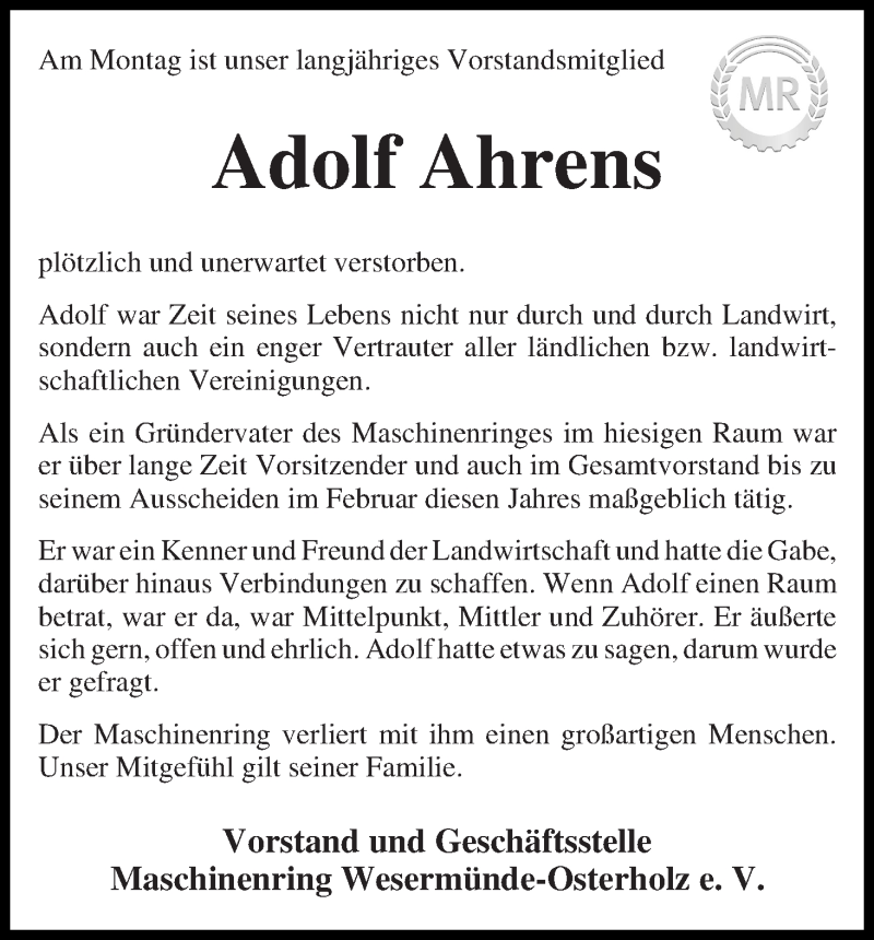 Traueranzeige von Adolf Ahrens von Osterholzer Kreisblatt