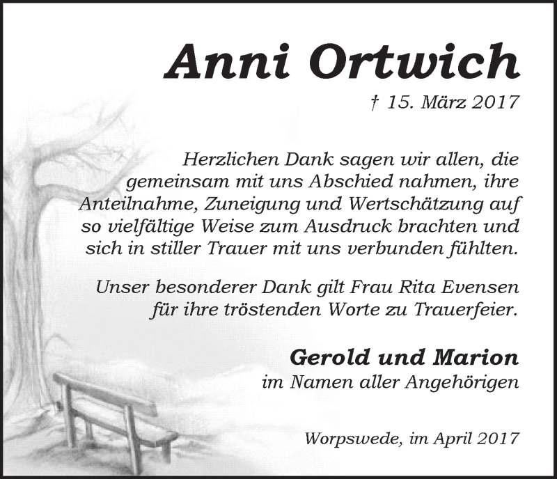Traueranzeige von Anni Ortwich von Wuemme Zeitung