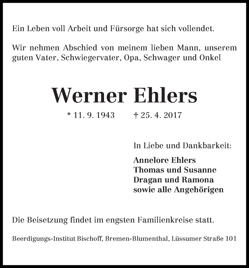 Traueranzeige von Werner Ehlers von Die Norddeutsche