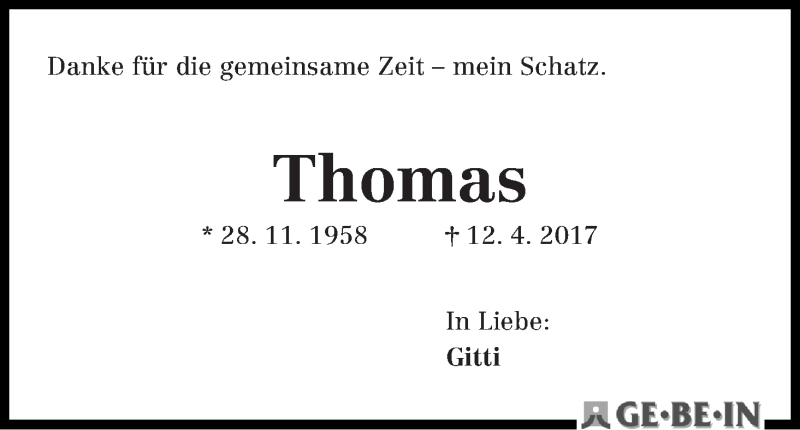  Traueranzeige für Thomas Scharf vom 15.04.2017 aus WESER-KURIER