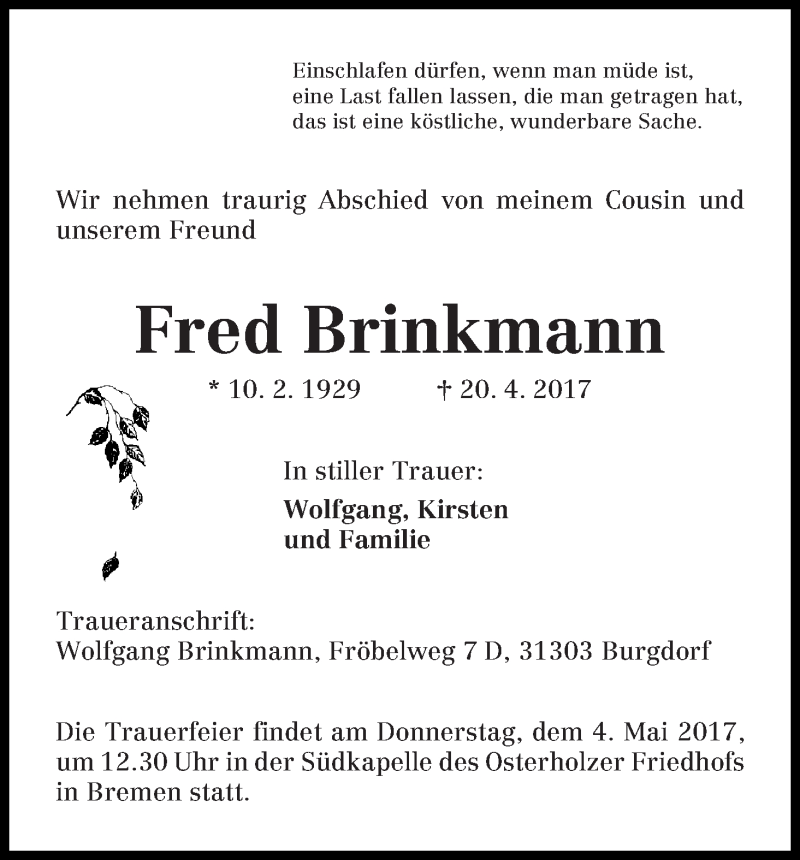 Traueranzeige von Fred Brinkmann von WESER-KURIER