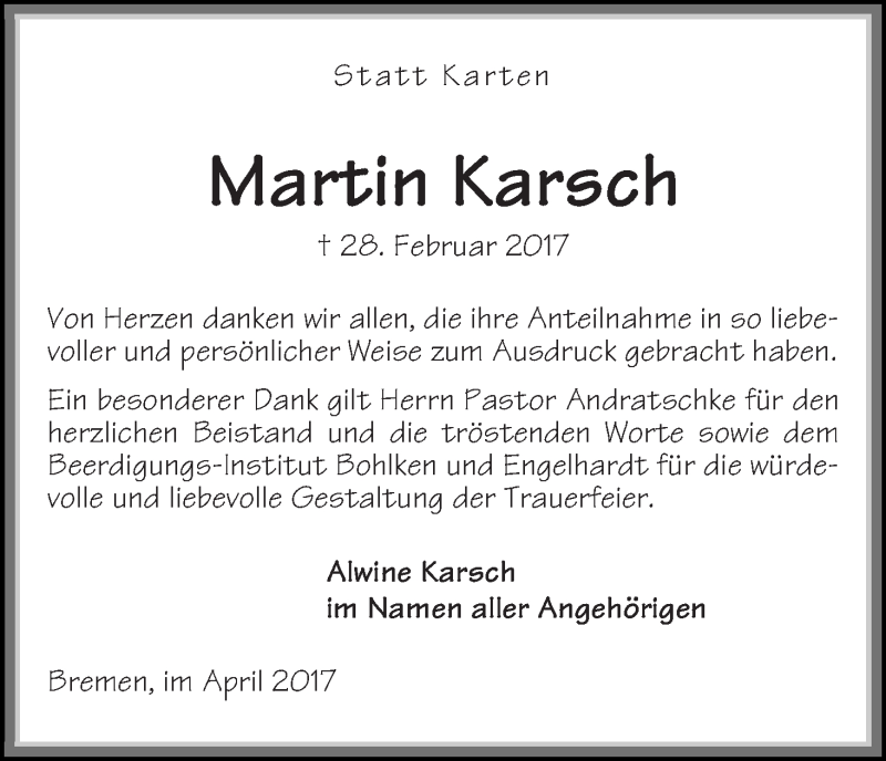 Traueranzeige von Martin Karsch von WESER-KURIER