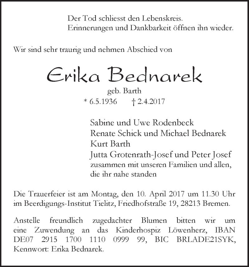 Traueranzeige von Erika Bednarek von WESER-KURIER
