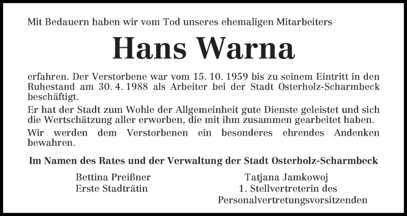 Traueranzeige von Hans Warna von Osterholzer Kreisblatt