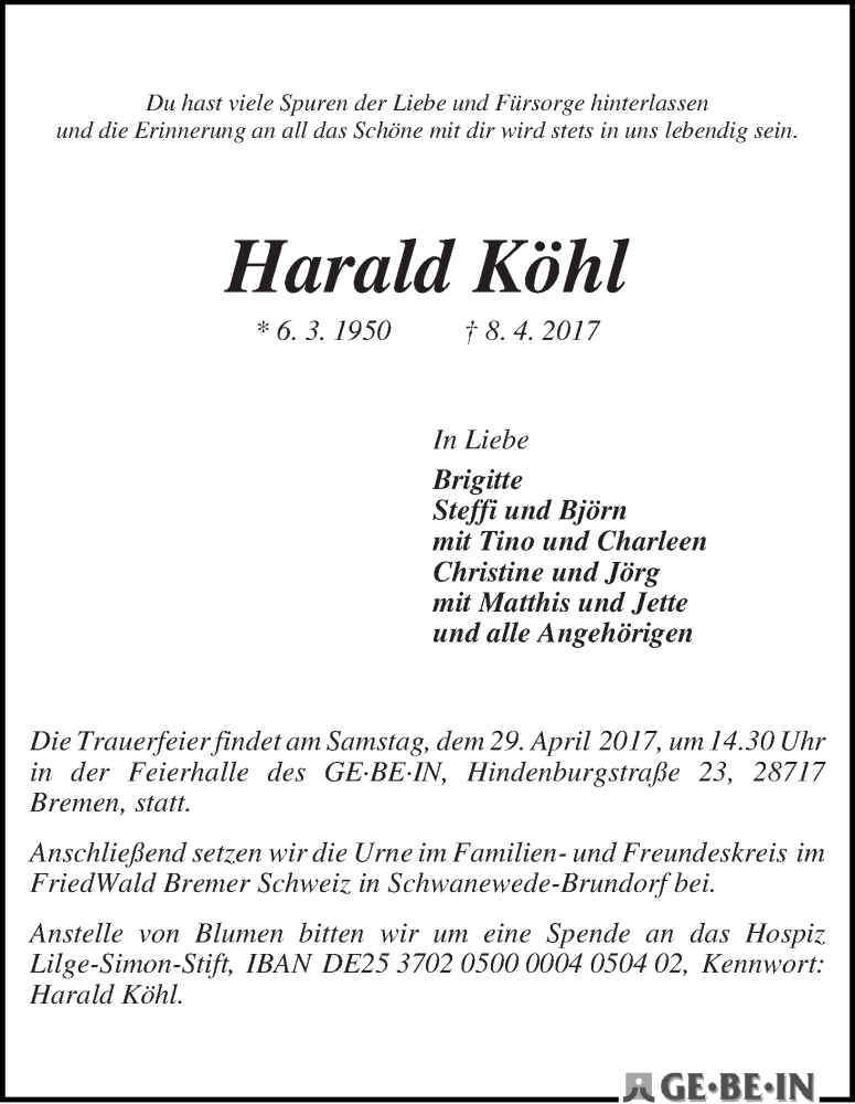 Traueranzeige von Harald Köhl von WESER-KURIER