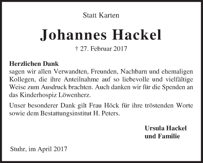 Traueranzeige von Johannes Hackel von WESER-KURIER