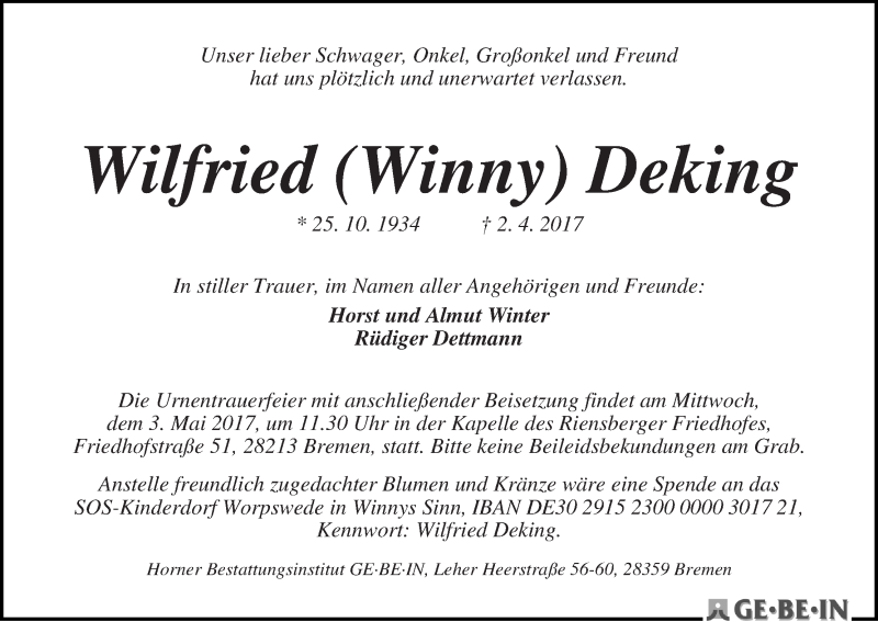 Traueranzeige von Wilfried (Winny) Deking von WESER-KURIER