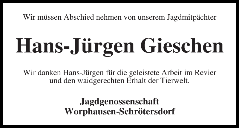  Traueranzeige für Hans-Jürgen Gieschen vom 26.04.2017 aus Wuemme Zeitung