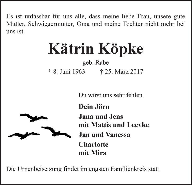  Traueranzeige für Kätrin Köpke vom 01.04.2017 aus WESER-KURIER